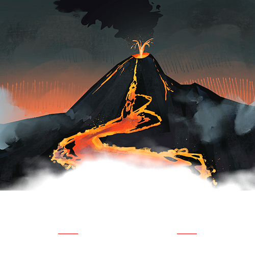 Paisagem da região vulcanosa do jogo Planeta Insano, com um grande vulcão ao fundo, rios de lava escura fluindo lentamente entre rochas negras, atmosfera com fumaça e cinzas, em estilo de fantasia sombria e cinematográfica.