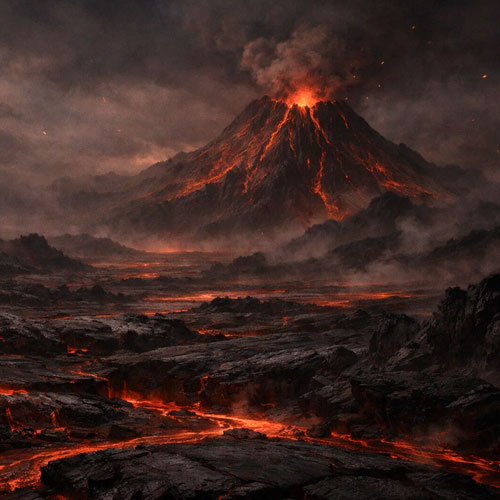 Paisagem da região vulcanosa do jogo Planeta Insano, com um grande vulcão ao fundo, rios de lava escura fluindo lentamente entre rochas negras, atmosfera com fumaça e cinzas, em estilo de fantasia sombria e cinematográfica.