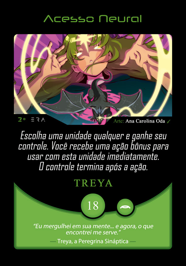 Ilustração da carta Acesso Neural para o jogo Planeta Insano, criada pela artista Ana Carolina Oda. A arte mostra a personagem Treya, a Peregrina Sináptica, usando poderes mentais em estilo concept art de games e animação.