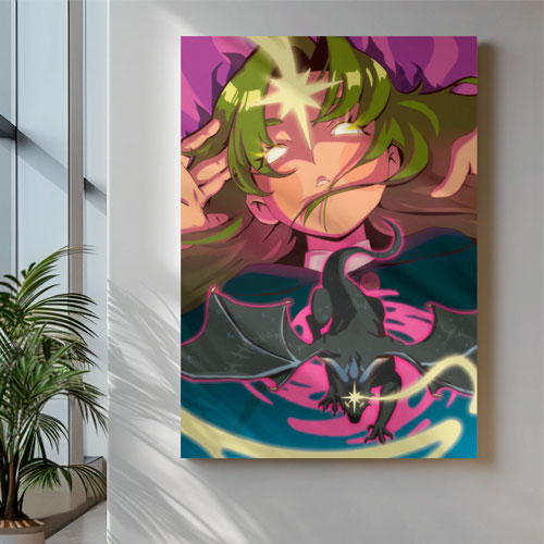 Close-up da ilustração digital de Treya, personagem do jogo Planeta Insano, destacando o rosto com olhos brilhantes e a energia psíquica ao redor. Estilo artístico de Ana Carolina Oda, focado em Concept Art e Visual Development para games.