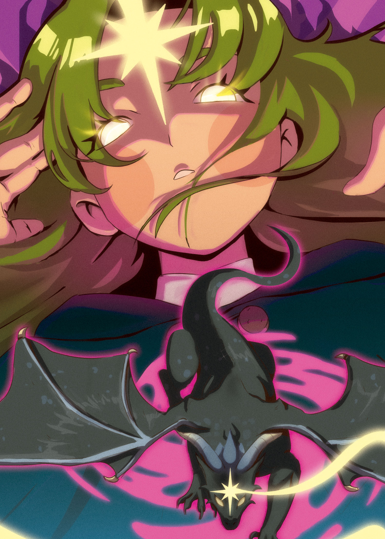 Ilustração digital de estilo concept art da personagem Treya, a Peregrina Sináptica, criada por Ana Carolina Oda para o jogo Planeta Insano. A arte apresenta uma personagem feminina com longos cabelos verdes, olhos brilhantes e aura de poder psíquico em tons de rosa e dourado.