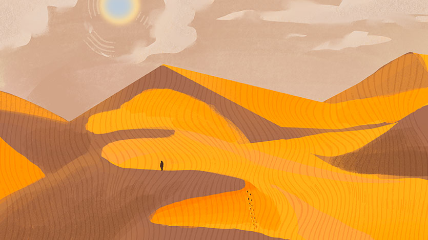 Deserto do Planeta Insano com vastas dunas douradas e a figura solitária atravessando a imensidão.