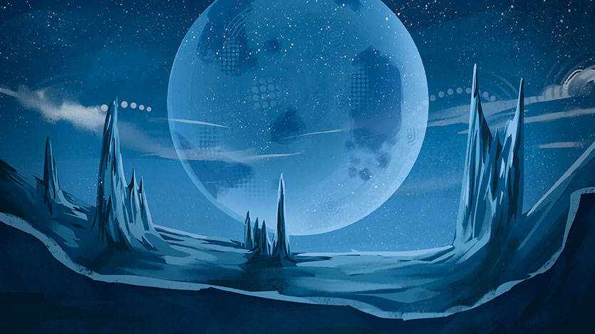 Paisagem congelada da Região Nevada do Planeta Insano sob uma grande lua azul e montanhas de gelo.