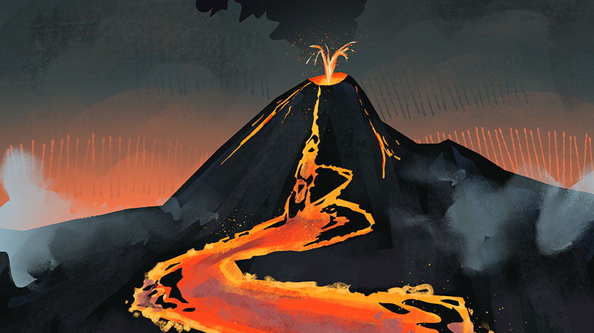 Paisagem vulcânica do Planeta Insano com vulcão em erupção, rios de lava e o domínio de Galdros, Senhor do Fluxo.