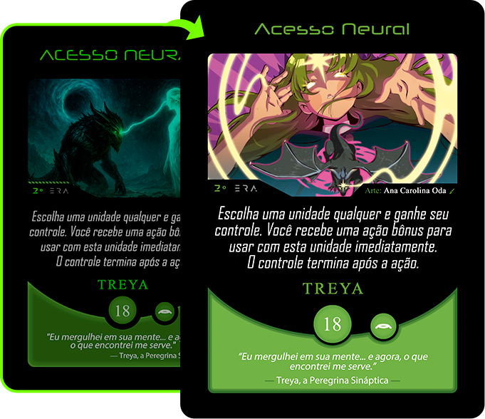Fotografia em preto e branco da ilustradora Ana Carolina Oda sorrindo, sobreposta a um fundo verde vibrante. Abaixo dela, em destaque, a carta "Acesso Neural" do jogo Planeta Insano, mostrando a ilustração de uma personagem com cabelos verdes e poderes psíquicos, criada pela artista.