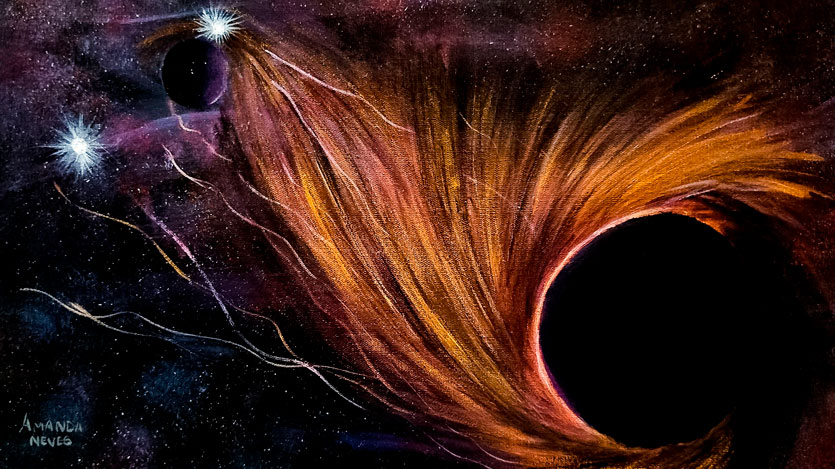 Representação artística do Planeta Insano orbitando próximo a um buraco negro, com fluxos cósmicos de energia atravessando o espaço profundo. Arte de Amanda Neves.