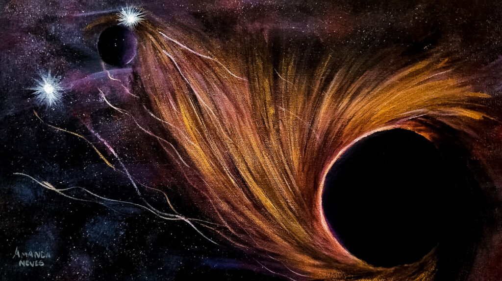 Representação artística do Planeta Insano orbitando próximo a um buraco negro, com fluxos cósmicos de energia atravessando o espaço profundo. Arte de Amanda Neves.
