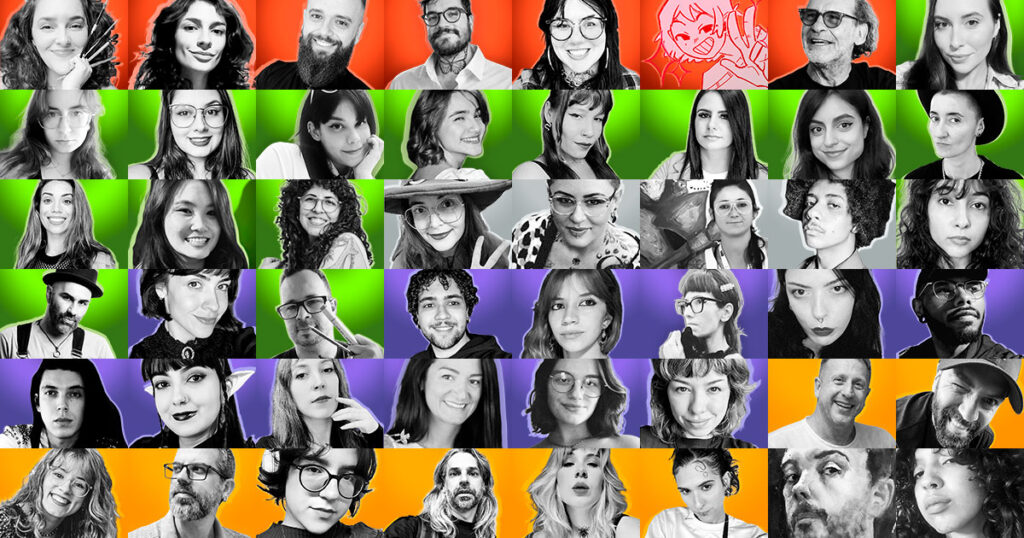 Mosaico com todos os artistas da Órbita Criativa do Planeta Insano, com retratos em preto e branco sobre fundos coloridos representando diversidade e expressão coletiva