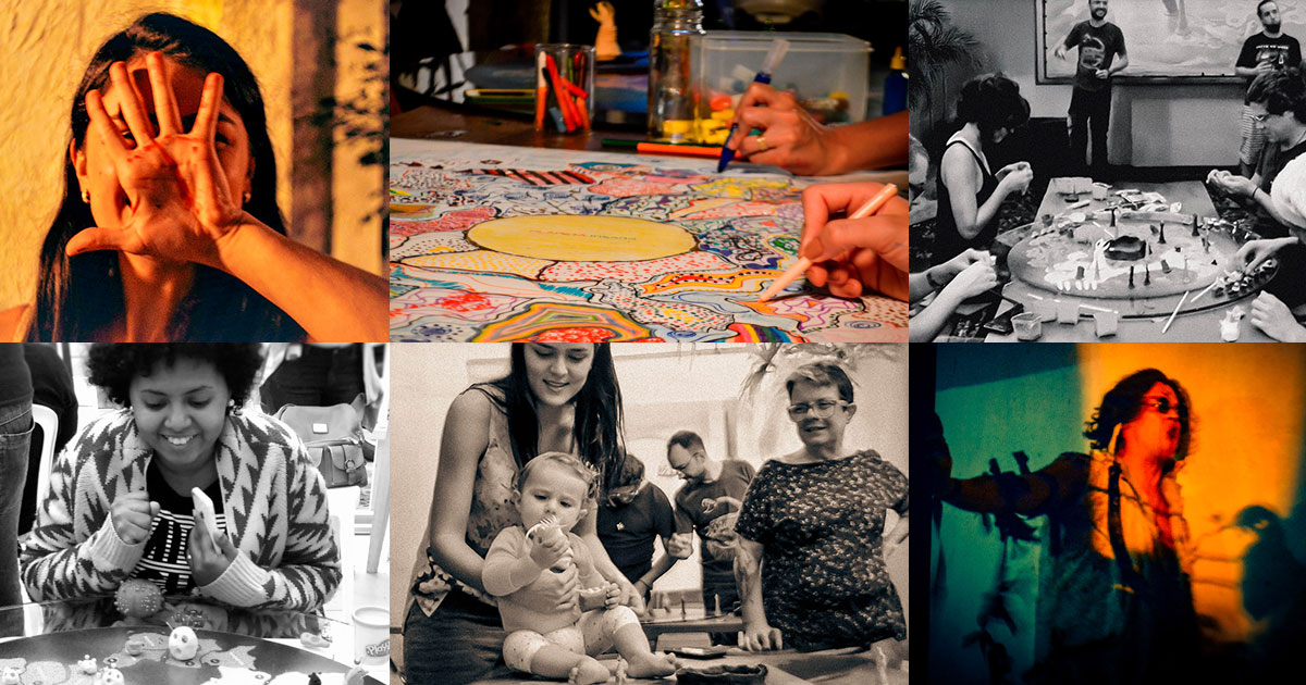 Colagem com pessoas de diferentes idades criando e interagindo com o Planeta Insano por meio de arte, desenho, massinha e experiências coletivas.